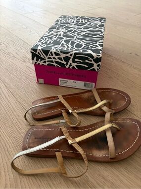 Diane von Furstenberg Gold, Silver & Tan Leather T-Strap Sandals - Women's